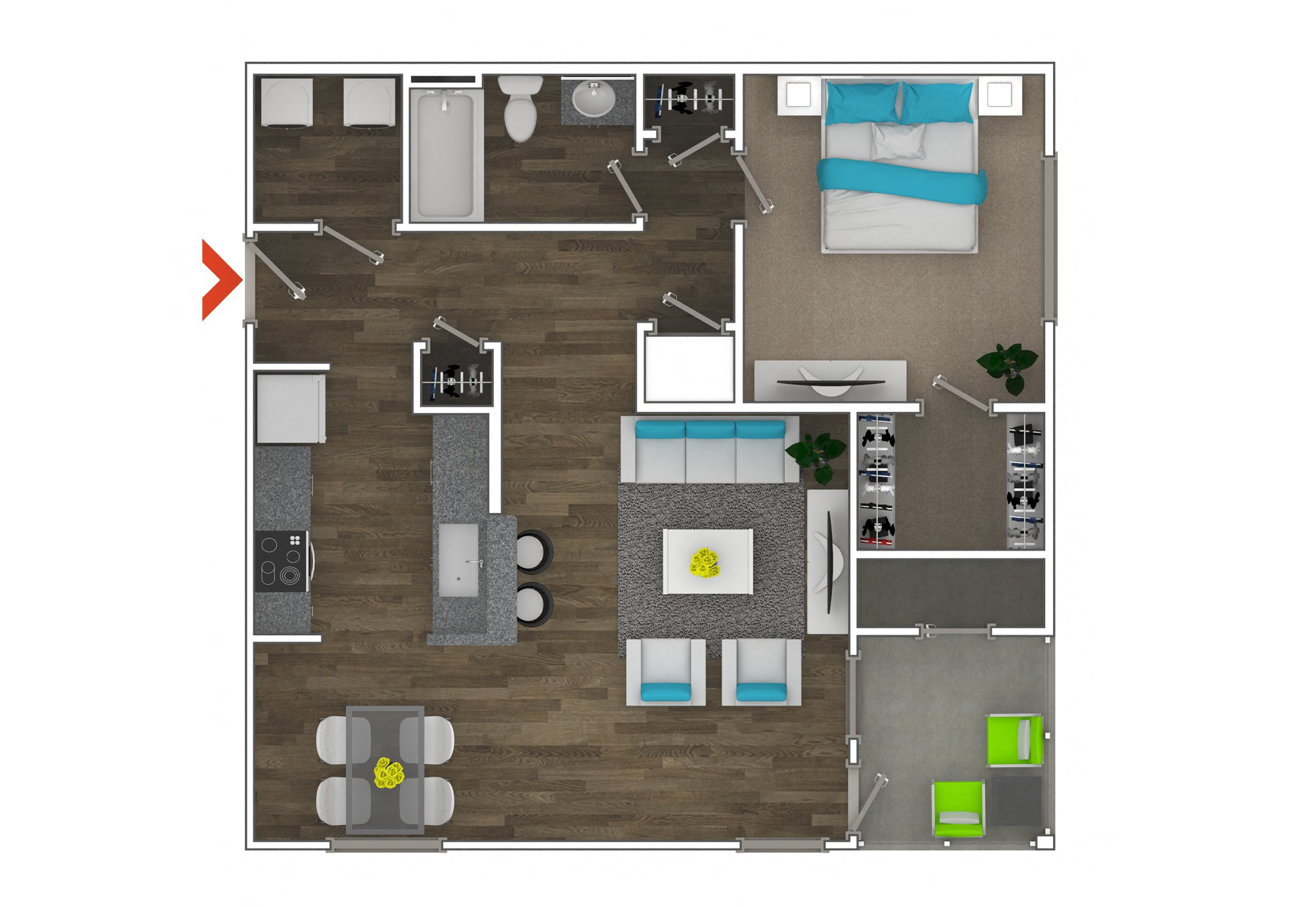 Floor plan for 1 bed, 1 bath, 865 sqft